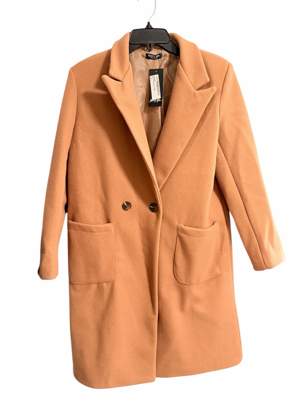 NWT Nasty Gal Wool Look Longline Camel Coat Size L HMA7866 Double Breasted